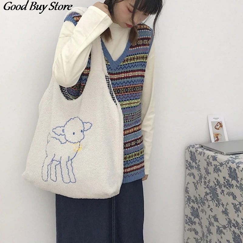 Милые парусиновые сумки тоуты с овечкой для женщин мягкие вместительные сумочки