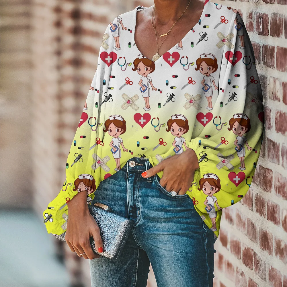 

Новинка, рубашки в стиле Харадзюку, женская блузка с принтом доктора для медсестры, Повседневная Свободная одежда для кормления с длинным р...