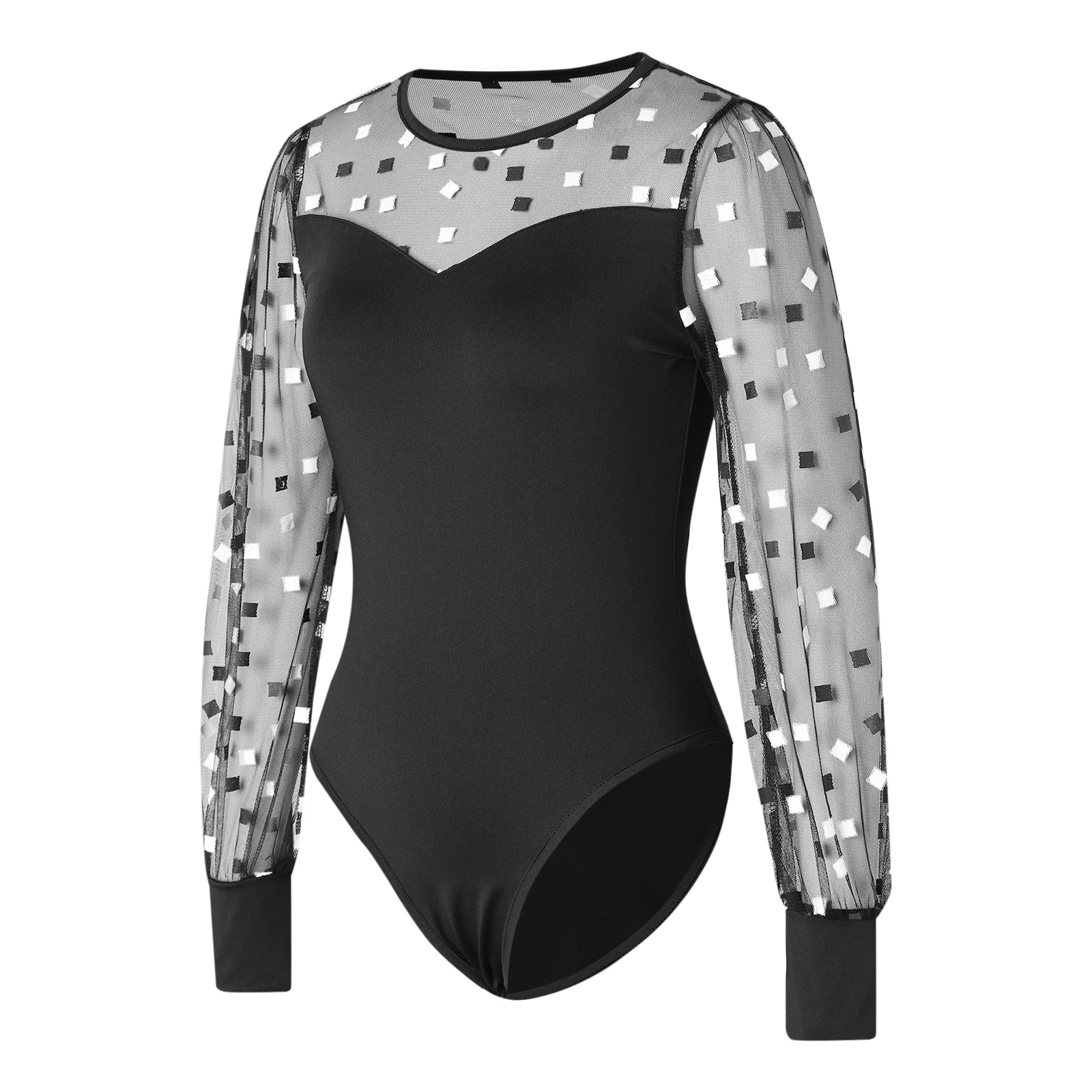

Women Long Sleeve Bodysuit , Mesh Stitching Puff Sleeves Sexy Perspective Summer Clothing