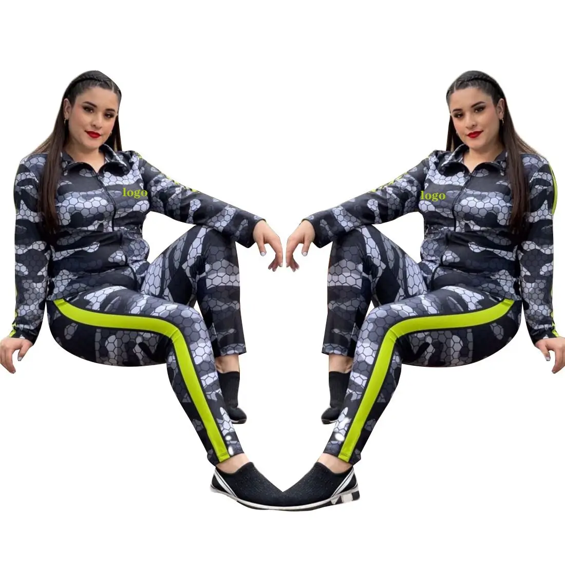 

Women's European-style printed sportswear long-sleeved gradient fashion printed 2-piece jacket trousers ladies slim suit