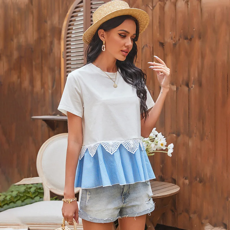 

Spring New Lace Patchwork Sweet Top Women 2021 Short Sleeve Ruffles Blouses Top Ladies Loose Summer O Neck Pullover Tops