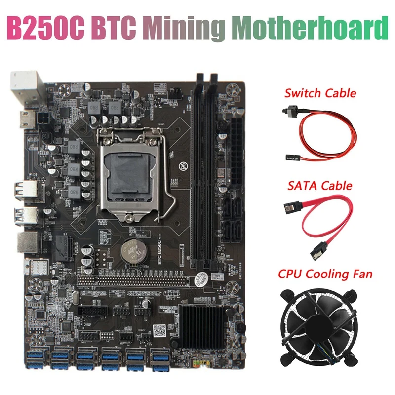 

Материнская плата B250C BTC Miner с кабелем коммутатора + кабель SATA + вентилятор 12xpcie на USB3.0 слот для карты LGA1151 поддерживает DDR4 DIMM RAM