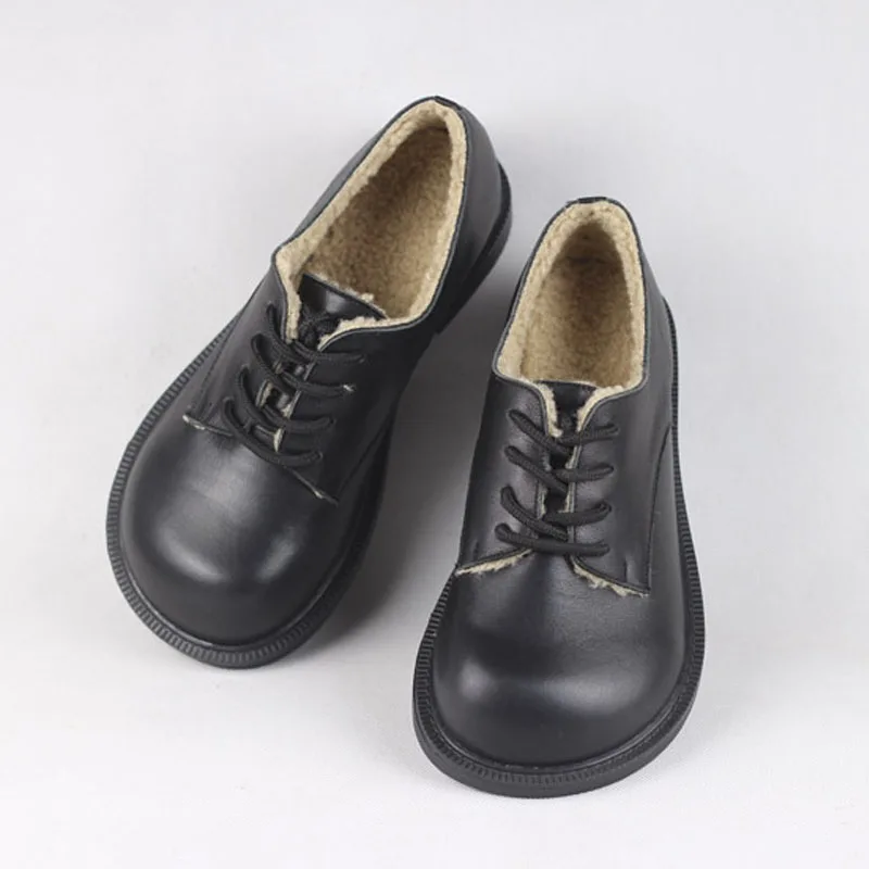 Женская обувь зимняя на меху плоской подошве черные туфли в британском стиле