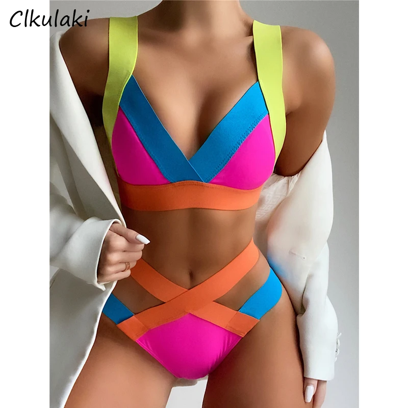 

2021 New Sexy Splicing High Waist Bikinis Swimsuit Women Push Up Swimwear Colorblock Strap Biquini Female Bathing Suit Beachwear