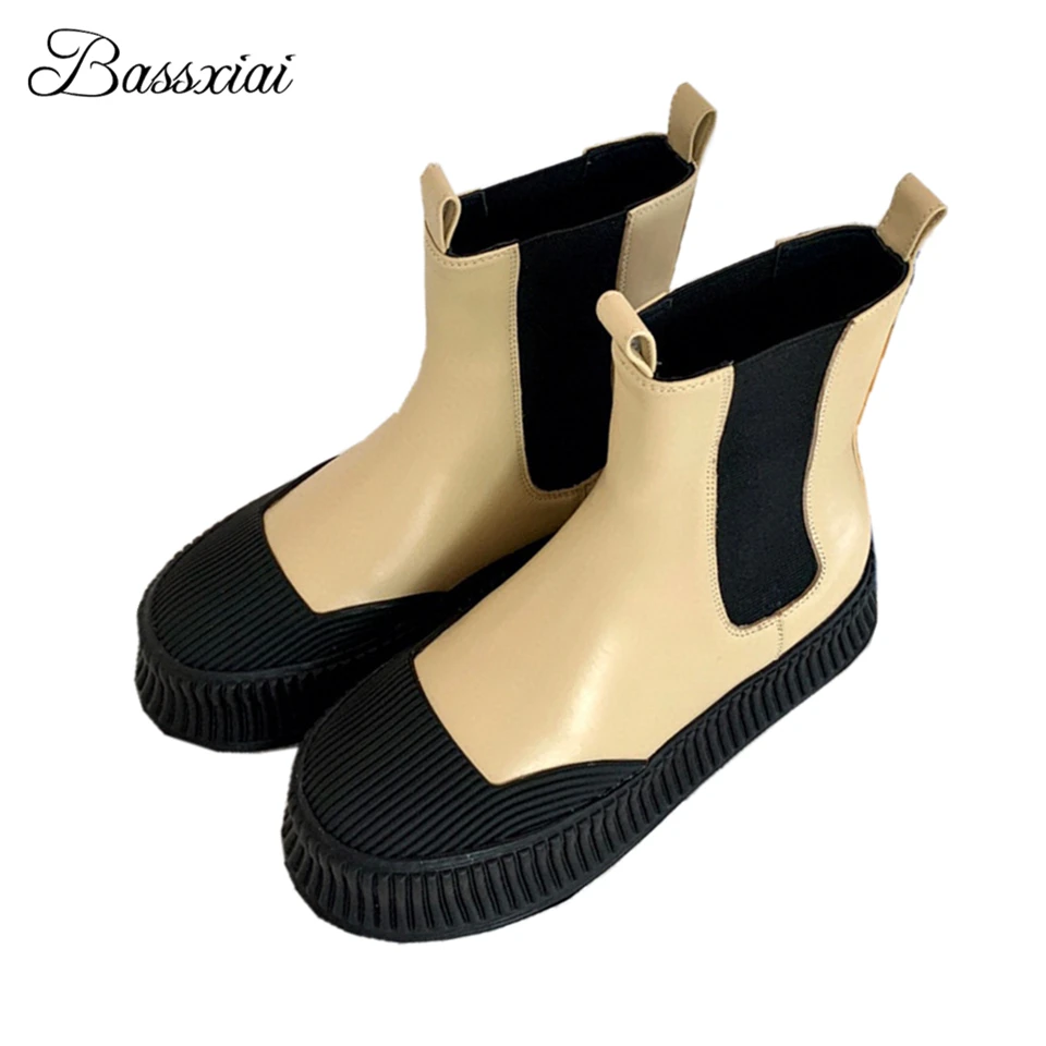 

Женские короткие ботинки на толстом каблуке, модельные ботинки из натуральной кожи на платформе с круглым носком и резинкой, без застежки, О...