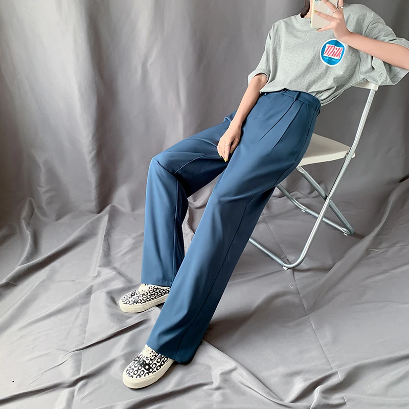 

XS-2XL Женские однотонные брюки длиной en, с эластичным поясом, с завышенной талией, длинные брюки с карманами и широкими штанинами, лето 2020