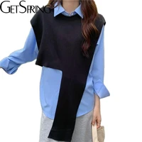 getspring women sweater vest asymmetry sleeveless knitting tops irregular black white short korean vest autumn womens clothing