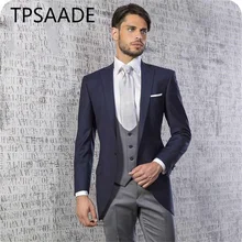 Costume 3 pièces pour homme, haut de gamme, bleu marine, sur mesure, revers cranté, costume de marié, smoking de mariage, manteau, pantalon, gilet, nouvelle collection 2021  (4)