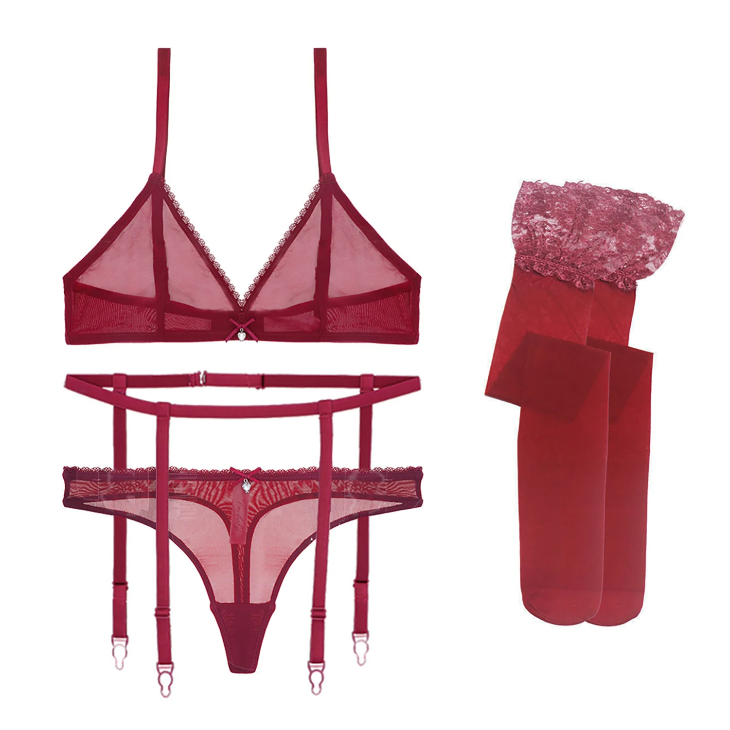 

Varsmiss sexy lingerie for women bra+thongs+belt+stockings 4pcs transparent underwear wire free seamless bra set