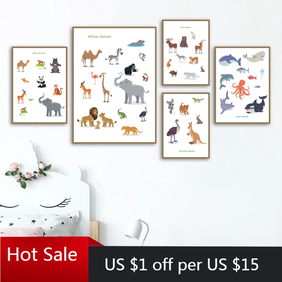 Настенная картина для детской комнаты рисунок с изображением диких животных