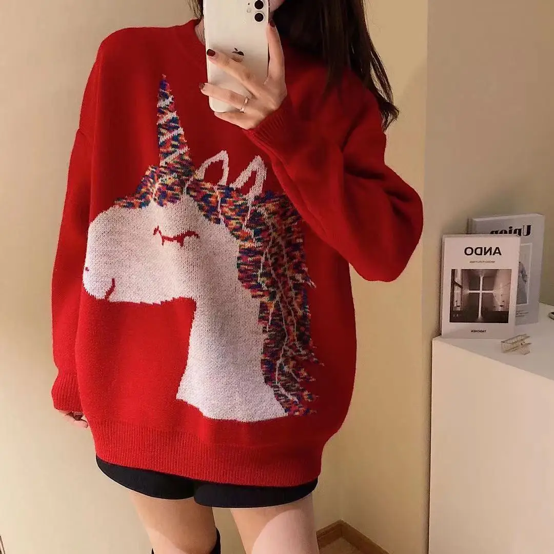 

New autumn and winter Korean version of loose size women's knitted sweater cartoon thickened warm lazy unicorn medium long coat