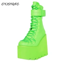 cyjsyqfc autumn winter green platform womens boots buckle strap lace up wedges lady ankle boots punk street cool demonia shoes