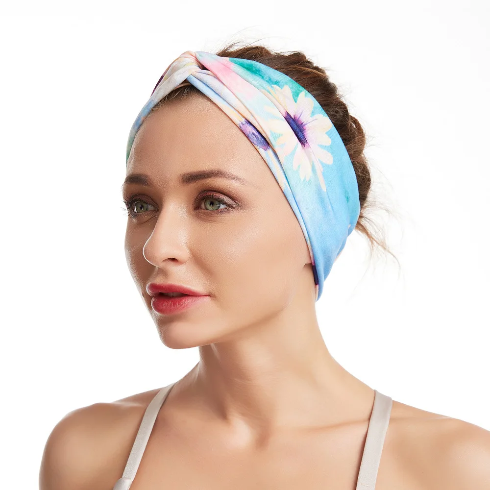 

Sun Flower Print Tie-dye Headband Women Cross Knot Headwrap Sports Yoga Ladies Turban Headbands Girls Hairband Female Bandeau