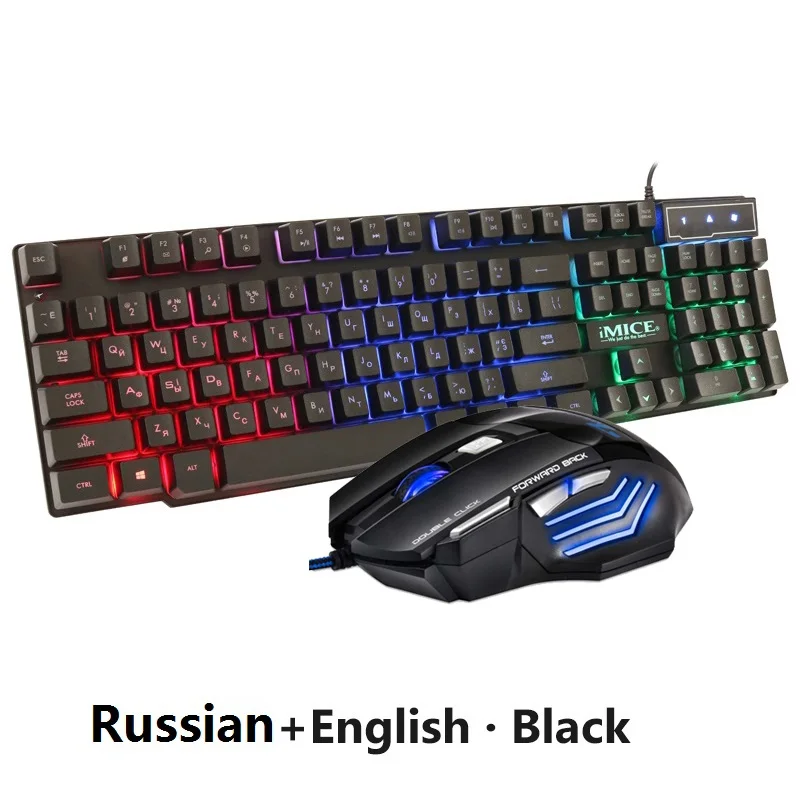 Игровая мышь Проводная игровая клавиатура 104 колпачки русские с подсветкой 5500 dpi Бесшумная мышь геймерская эргономичная мышь для ПК ноутбука - Цвет: Black Russian