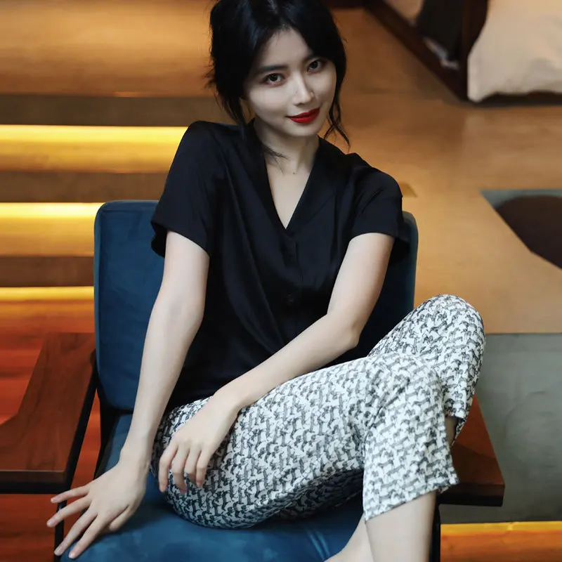 

Пижамный костюм с брюками, Женский комплект для сна из 2 предметов, ночная рубашка с коротким рукавом, одежда для сна с принтом, атласная летн...