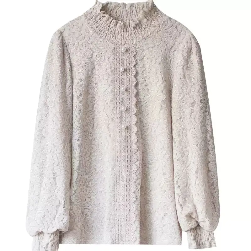 

Women's Spring Autumn Style Lace Blouses Shirts Women's Button Long Sleeve Turtleneck Casual Lace Tops SP578