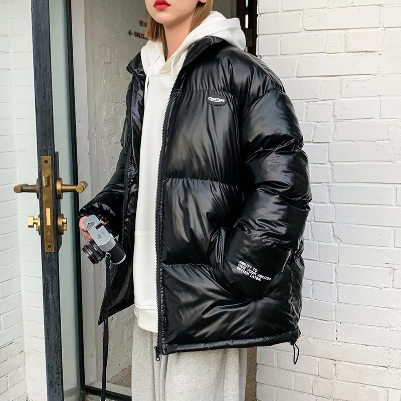 Winter New bright leather PU waterproof down padded jacket men's men and women with thickening clothing 2021 | Мужская одежда