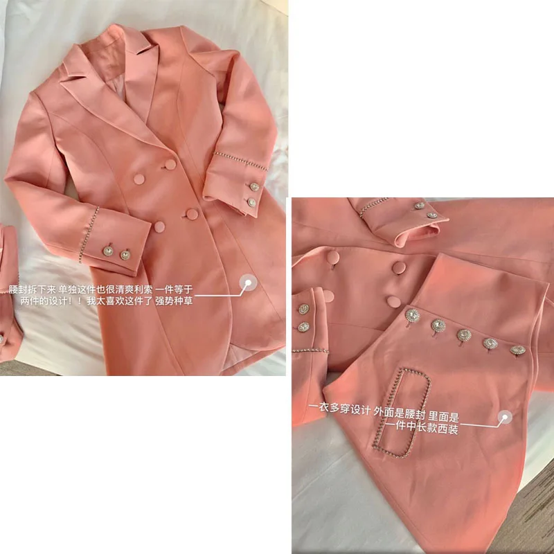 

Luxury Spring Pink Outfits Blazer Suit Double Breasted Slim Long Ladies Blazer+Irregular Beading Skirt Womens 2 Piece Skirt Set