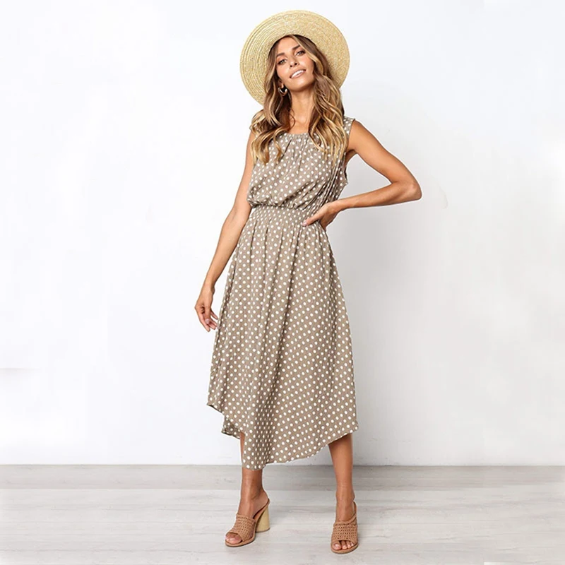 

EFINNY Fashion Print Polka Dot Round Neck Women Dresses Bohemian Sleeveless Print Summer Casual Dress