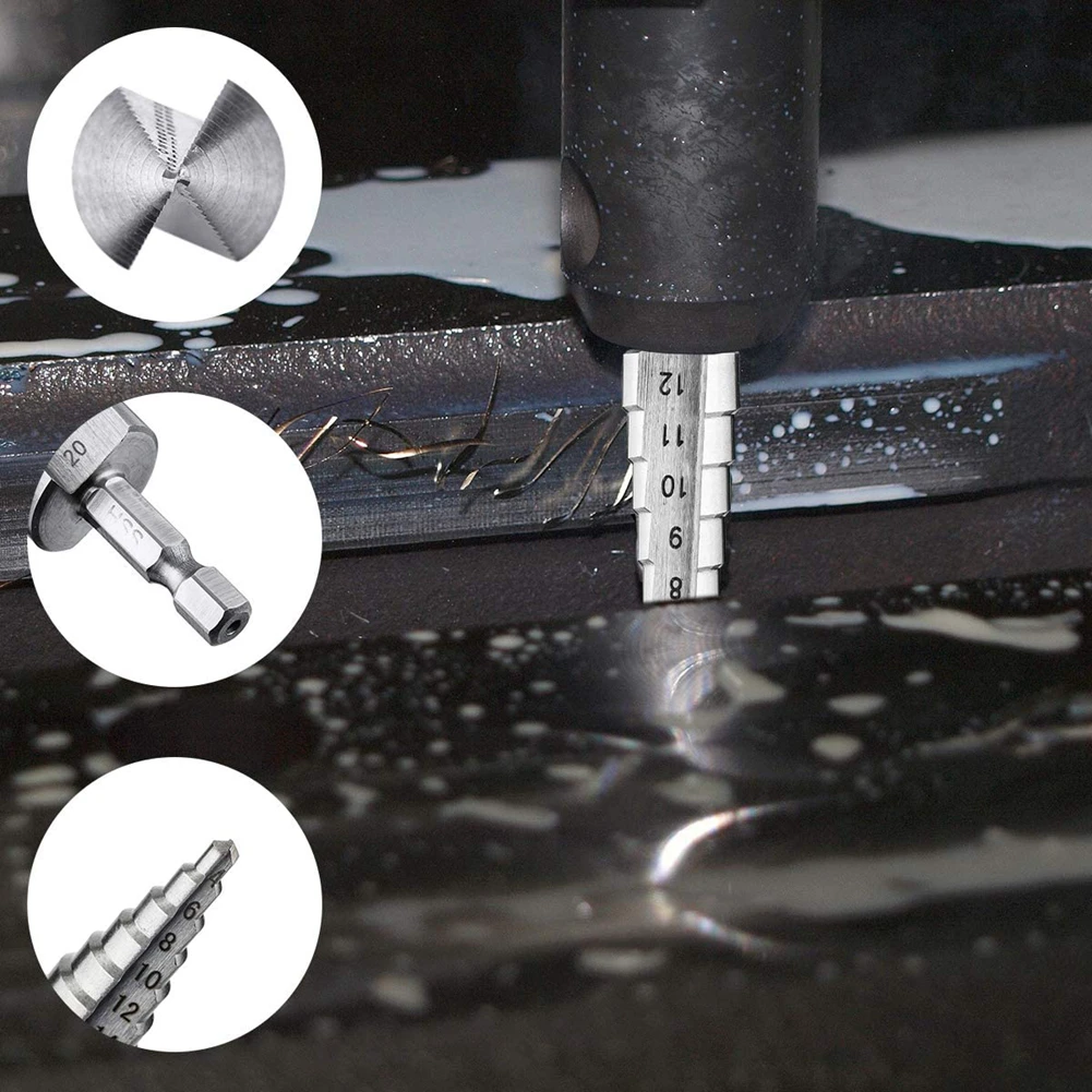 

3pcs HSS Titanium Coated Step Drill Bit 4-12/4-20/4-32mm Drilling Power Tools Metal High Speed Steel Wood Hole Cutter Cone Drill