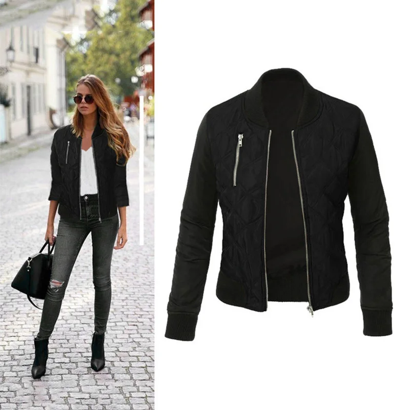 

Autumn Winter Leisure Fashion Solid Women Jacket O-neck Zipper Stitching Quilted Bomber Jacket 2019 New Women Coats