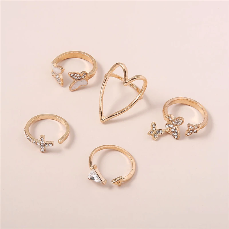 

Creative Heart Shape Hollow Full Rhinestone Butterfly Ring 5-Piece Set
