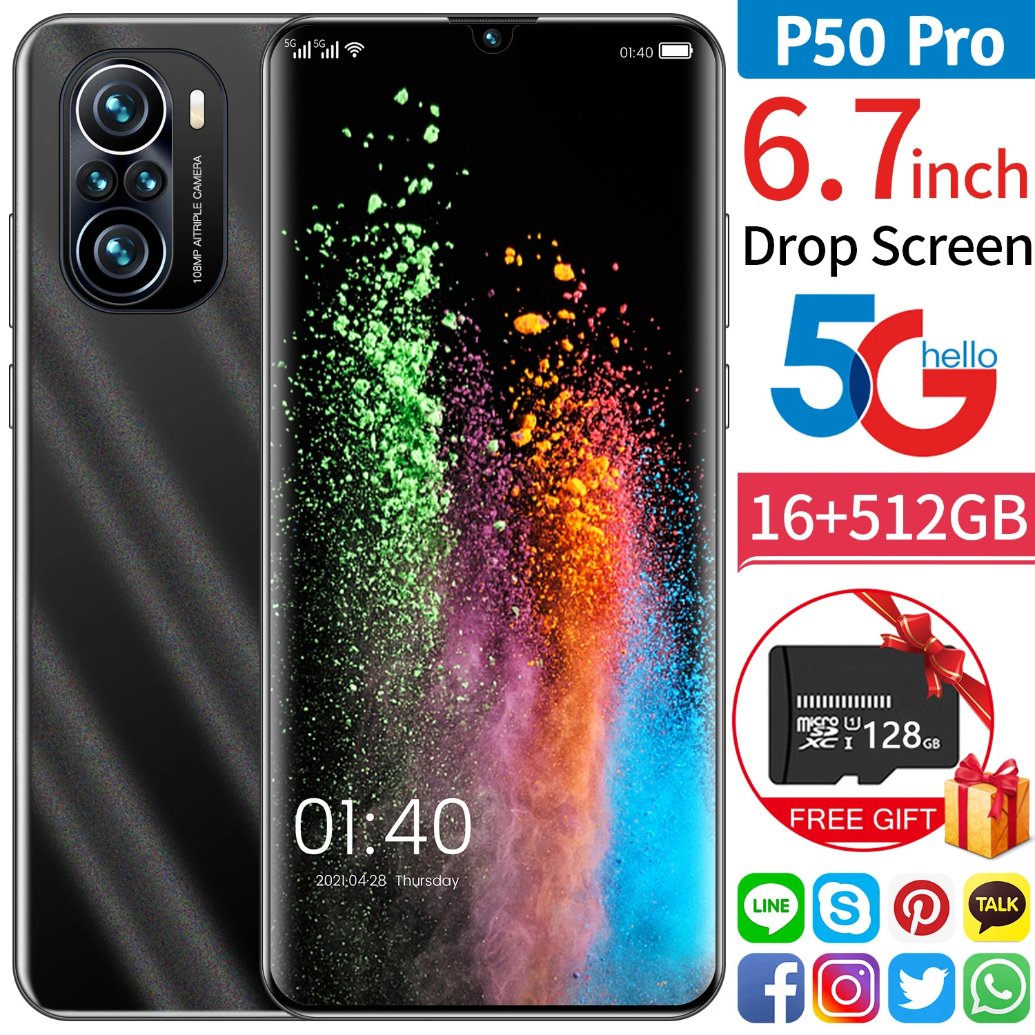 Global Version P50 Pro 6.7-inch 5G Smartphone 16GB+512GB MTK6889+ Face Fingerprint Unlock Dual SIM Dual Standby