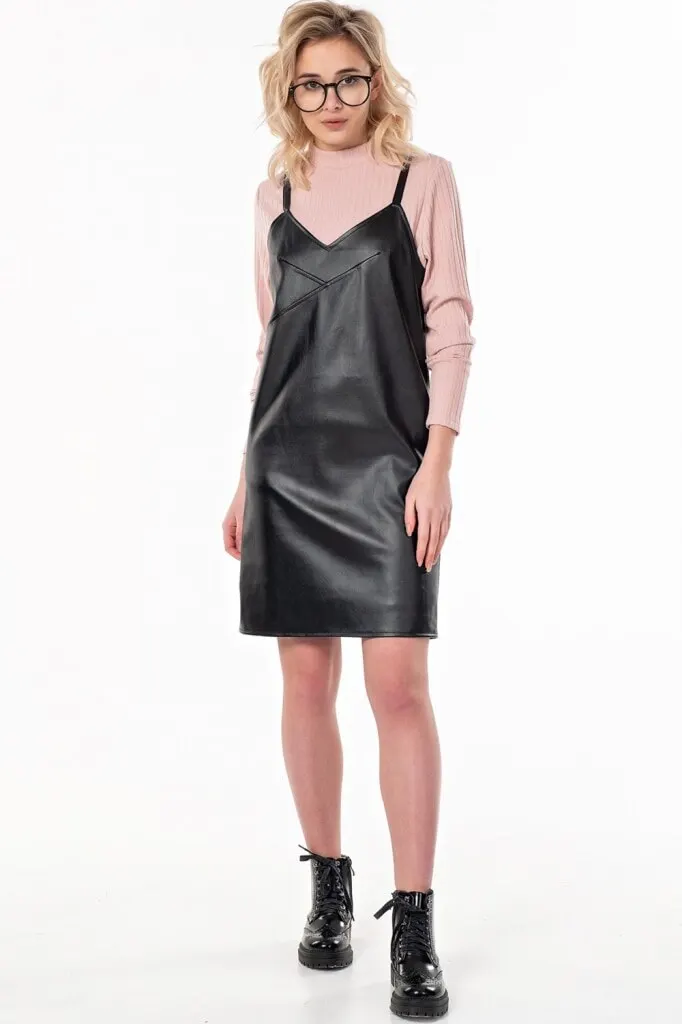 Fly 869 Женский повседневный кожаный черный сарафан на тонких бретелях короткое