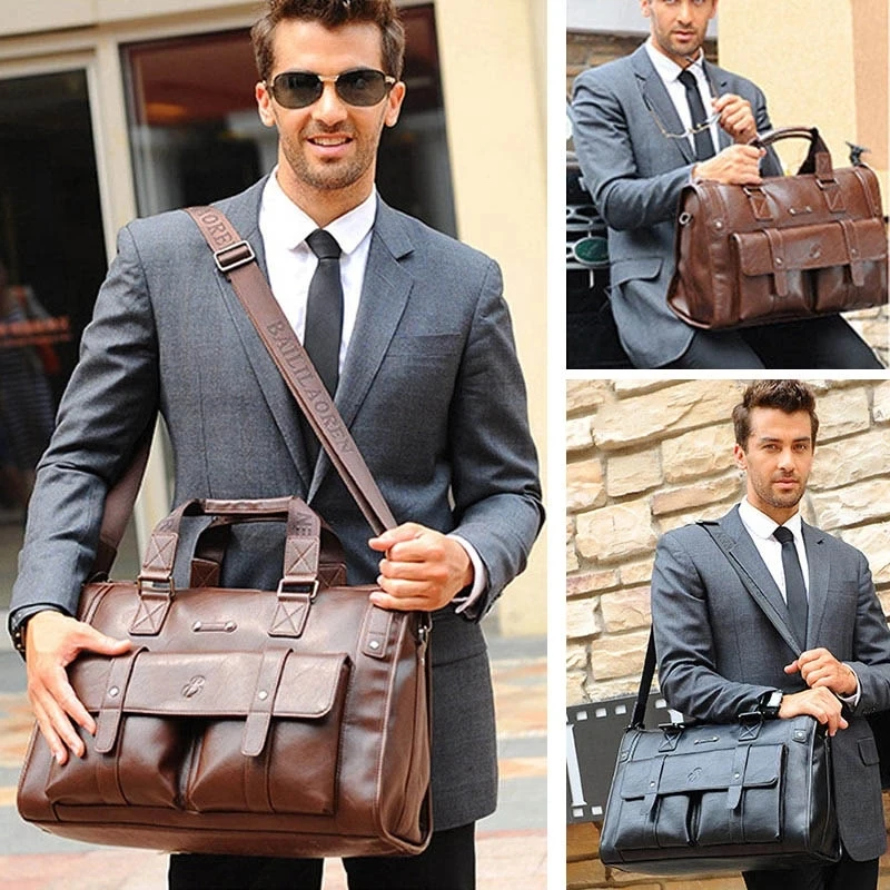 Hot Men Leather Black Briefcase Business Handbag Messenger Bag Male Vintage Shoulder bag Men's Large Capacity Laptop Travel Bag