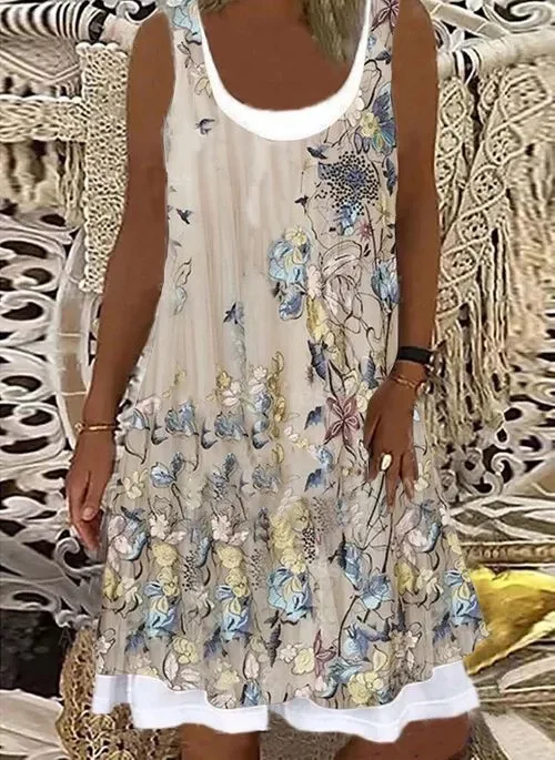 

Женская летняя обувь с цветочным принтом позиционирования печати без рукавов платье с имитацией двух отдельных изделий средней Длина Плат...