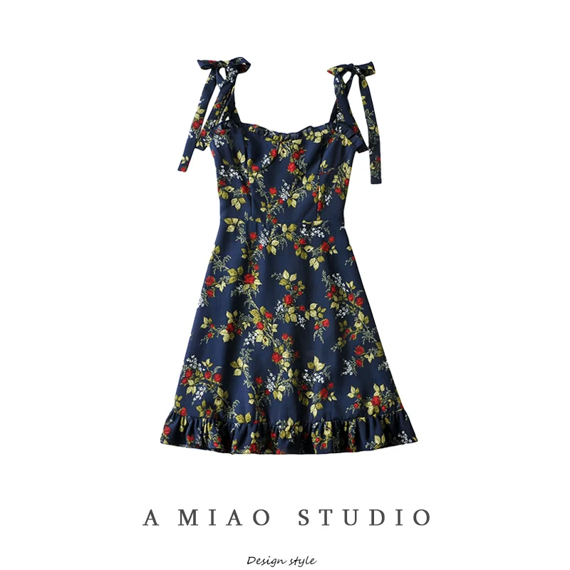 

Австралийская нишевая Ретро холодная печать узкое облегающее платье-комбинация маленькое летнее платье для путешествий и отпуска