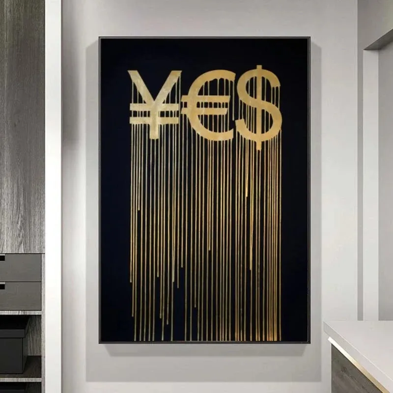 

Golden RMB Euro And Dollar Abstract Canvas Painting Posters And Prints Money Symbol Picture On Wall Art Living Room Decoration