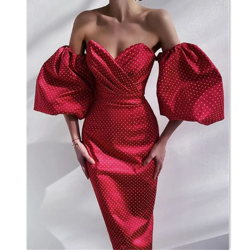 

2021 Summer Bohemia Sexy Red Tube Top Party High Waist Slim Female Puff Sleeve French Retro Polka Dot Elegant Lady Long Dress