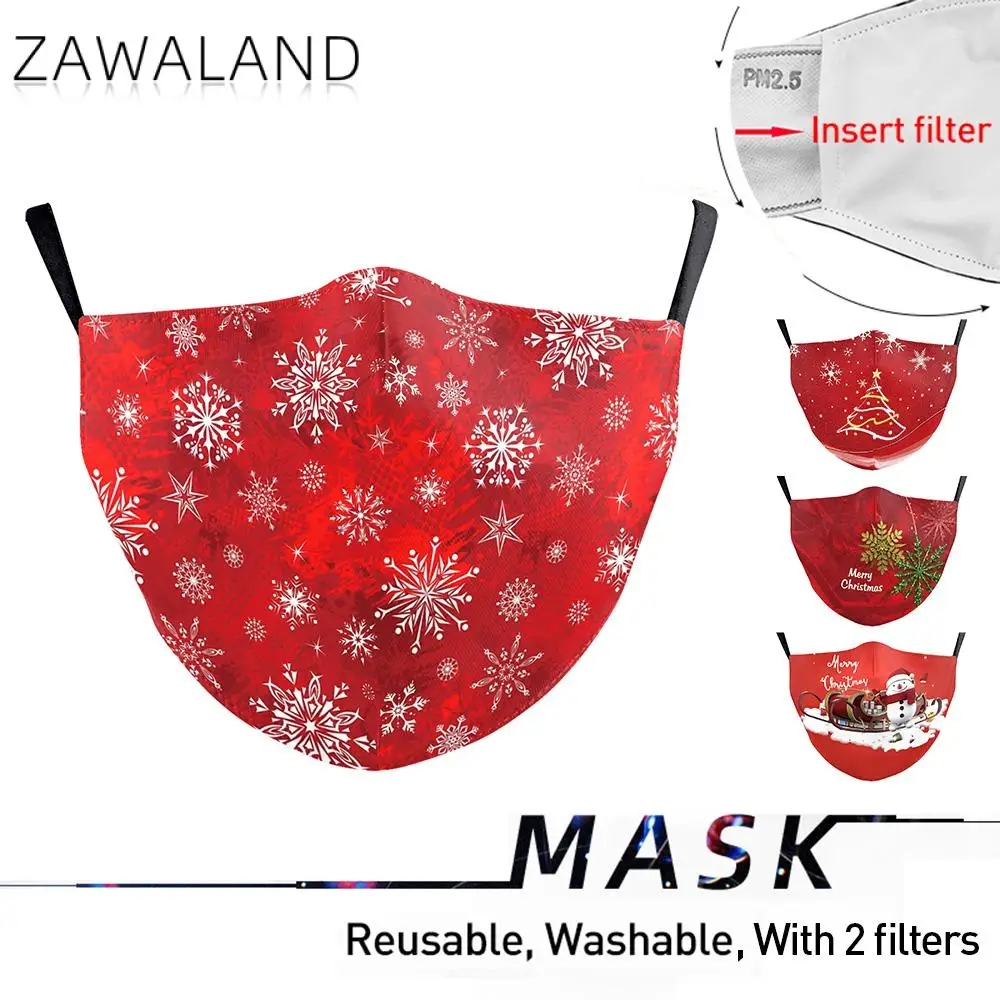 

Zawaland Christmas Masks Adult Child Protective Mouth Caps 3D Printed Mask New Year Washable Fabric Face Mask with 2Filters