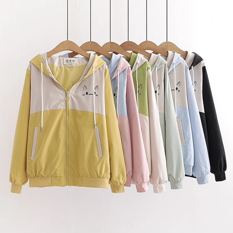 

Harajuku Kawaii Cartoon Pink Zipper Sweatshirt Women Cute Clothes Spring Loose Bunny Anime Pocket Hoodie School Girls Windproof
