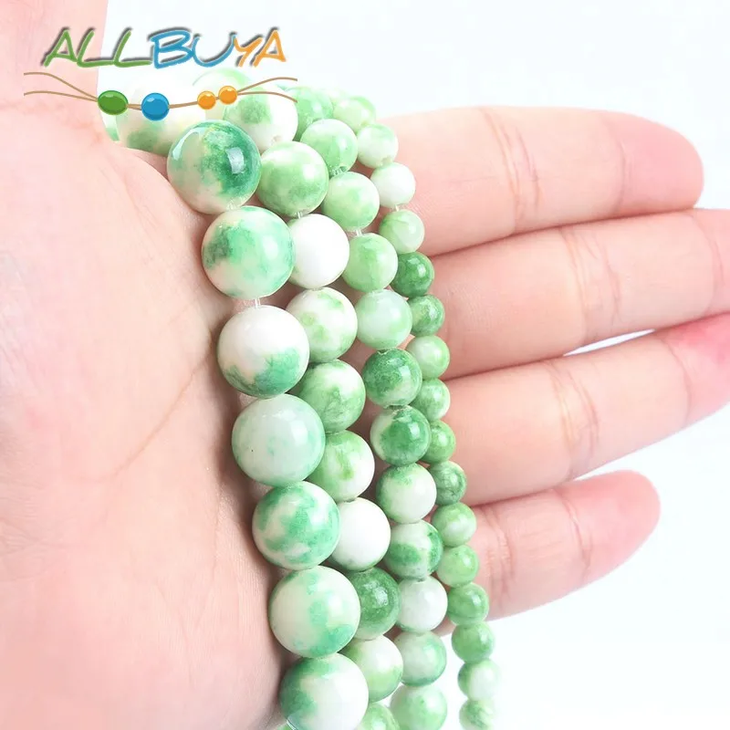 Бусины из натурального камня зеленые и белые персидские бусины нефрита