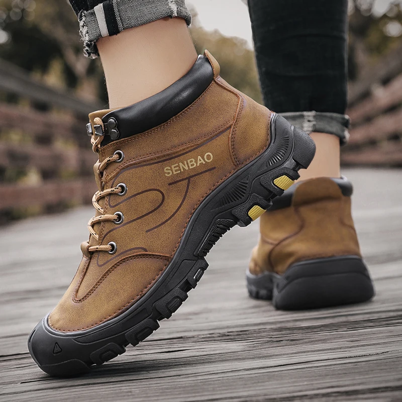Мужские кожаные ботинки уличные теплые для снега водонепроницаемые походов