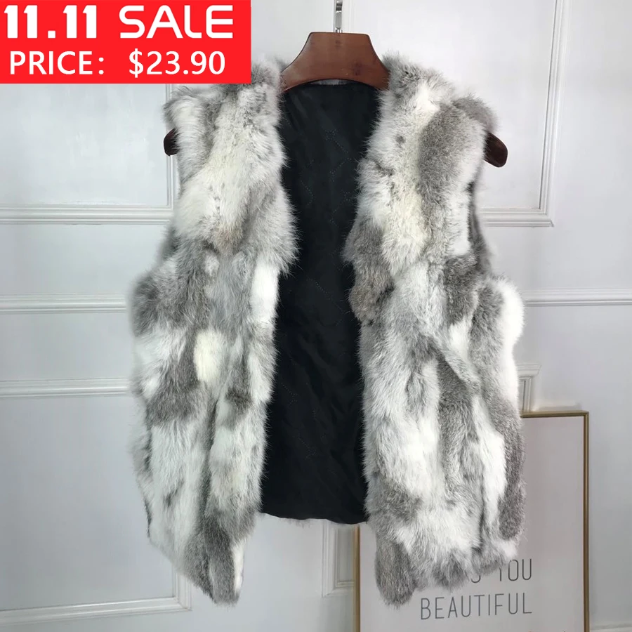 

Female Jacket Natural Fur Vest Autumn Winter Warm Rabbit Fur Waistcoat 2021 New Fashion Sleeveless Coat High Quality