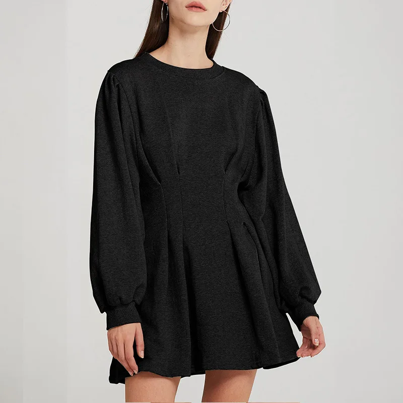 

Fall / winter 2020 casual loose solid color dress cotton crew neck dress stitched Lantern Sleeve Dress