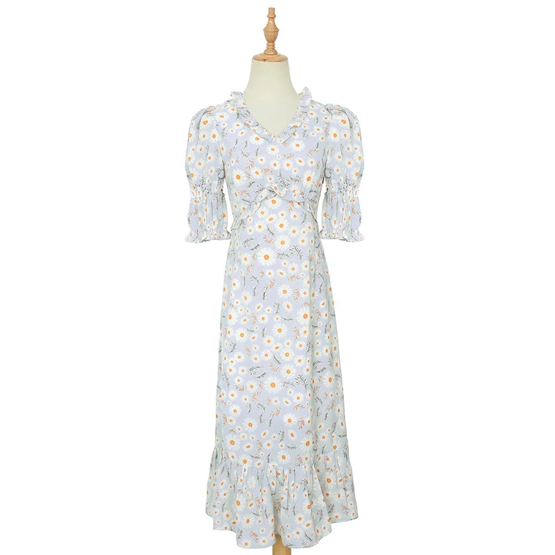 

PERHAPS U Blue White Floral Print Empire V Neck Puff Sleeve Midi Dress Summer Ruffle V Neck Chiffon D1866
