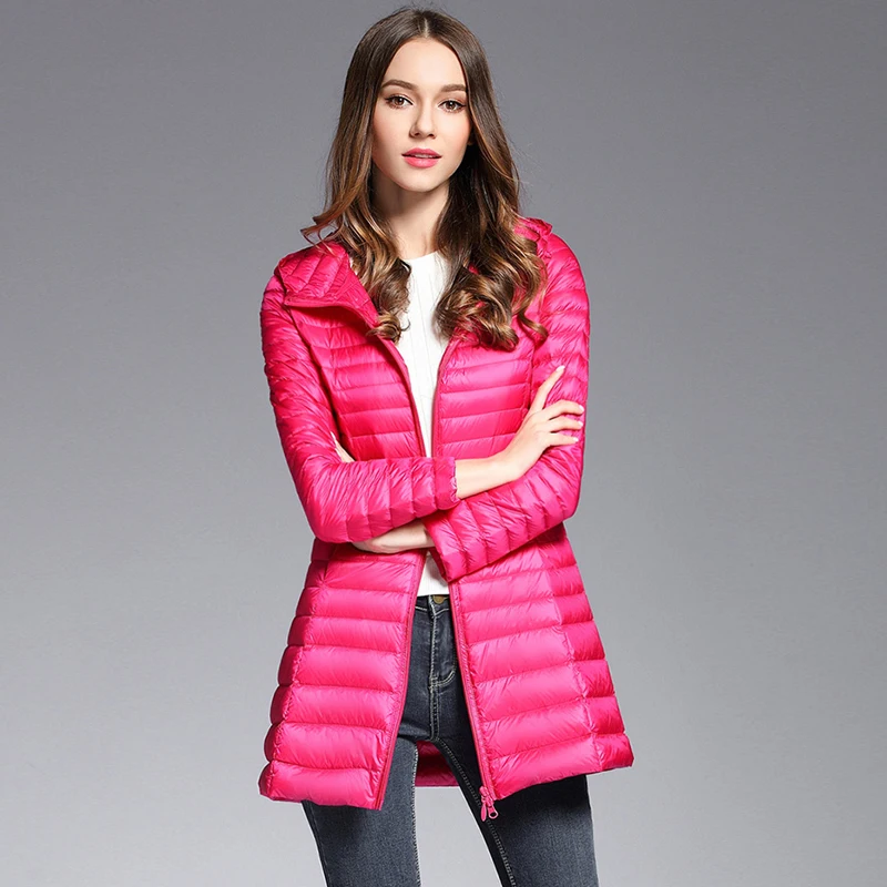 2019 Зима Новая Женская мода с капюшоном длинный пуховик женский сплошной цвет