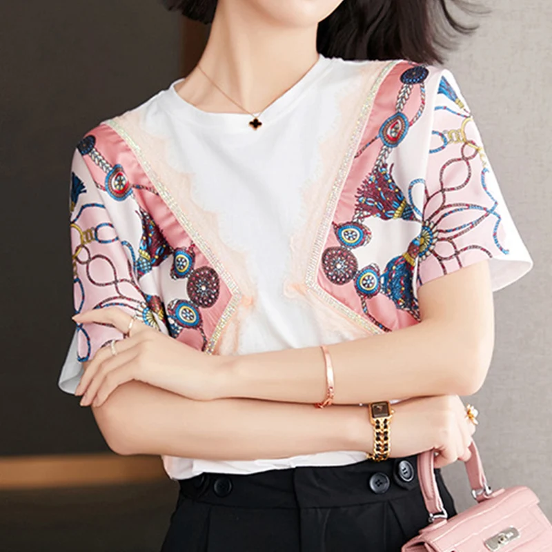 

T-Shirts Summer Tees Top Women Clothes Slim Flower Printing Mujer Tshirt O-Neck Short Sleeves Blouses Cotton Pullover Femme