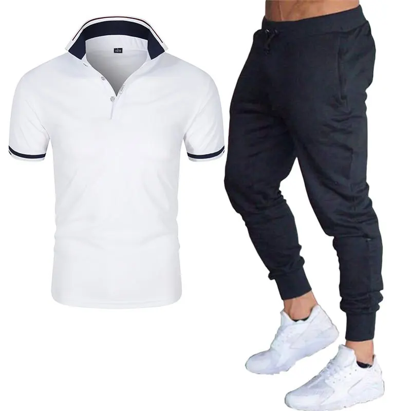 

3XL Summer Color contrast High Quality Casual Sports Suit men's Short Sleeve POLO Shirt + Pants Suit Short Sleeve T-shirt + Pant