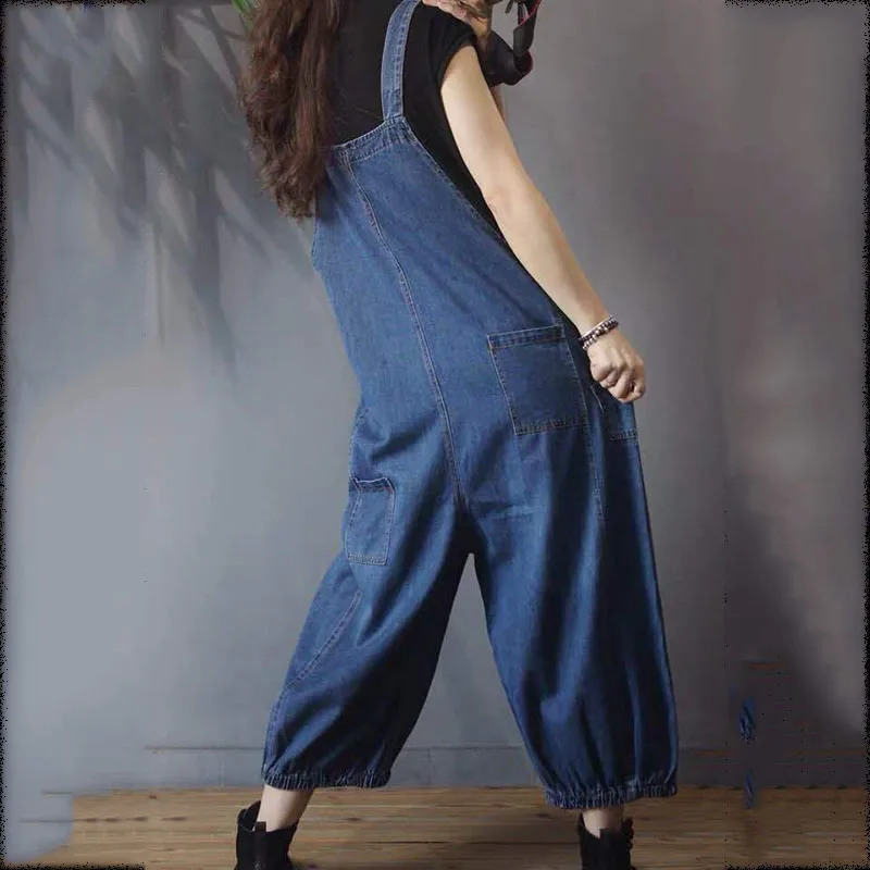 

IEQJ Loose Fit Women Blue Big Size Denim Jumpsuit New High Waist Pocket Wide Leg Pants Fashion Tide Spring Autumn 2021 3D01651