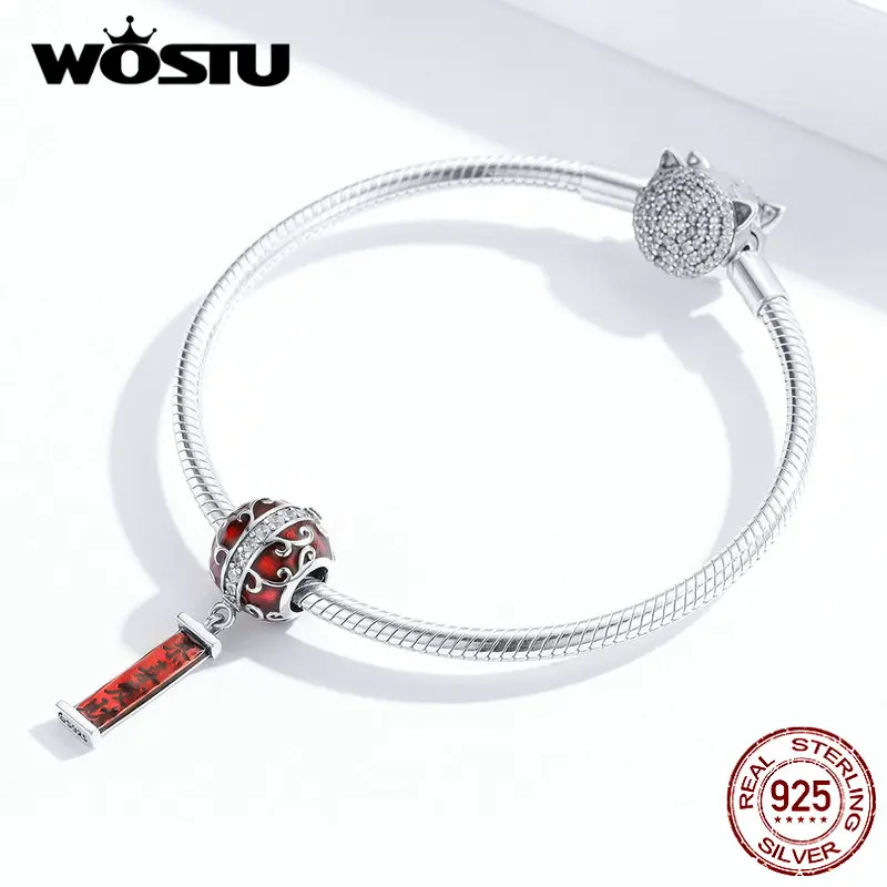 WOSTU серебро 925 пробы классический фонарь красные бусины удача амулеты подходит