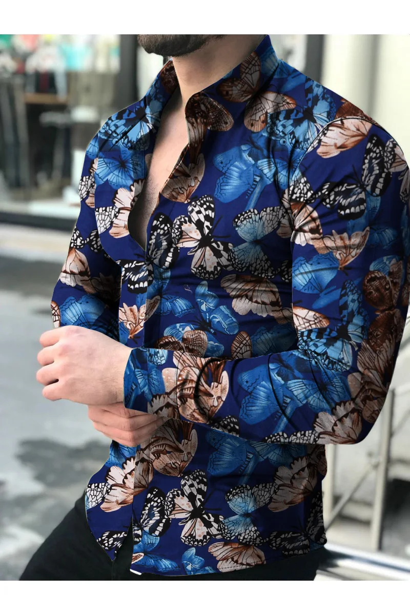 

Camisa con estampado de mariposa para hombre, Camisa ajustada, camisa de manga larga para hombre, Top 2021 de
