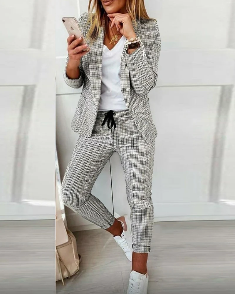 2022 Autumn Casual Plaid Print Long Sleeve Blazer Coat & Drawstring Pants Set Two Pieces Suits Womens Elegant Ladies Tops Lounge