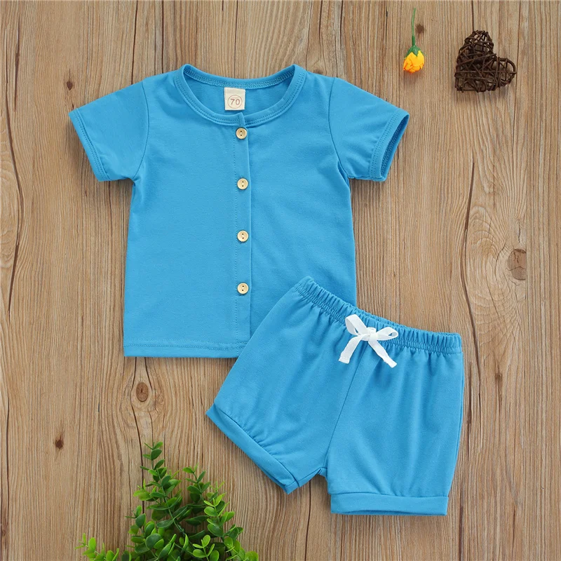 

0-24Month Baby Girls Solid Color Clothes Set,Newborn Girls Summer Cool Short Sleeve O-neck Button-up Tops+Drawstring Short Pants