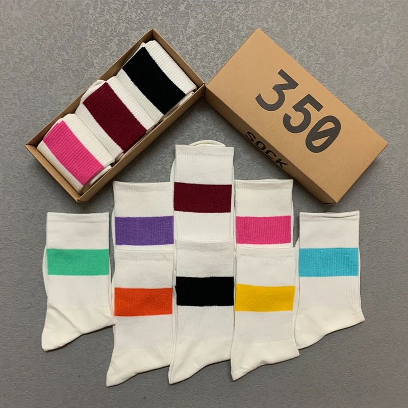 3 Pairs/Box White Rainbow Striped Stockings Cotton Harajuku Japanese Lolita Pack Soft Men Women Long Socks Fashion Kawaii Gifts