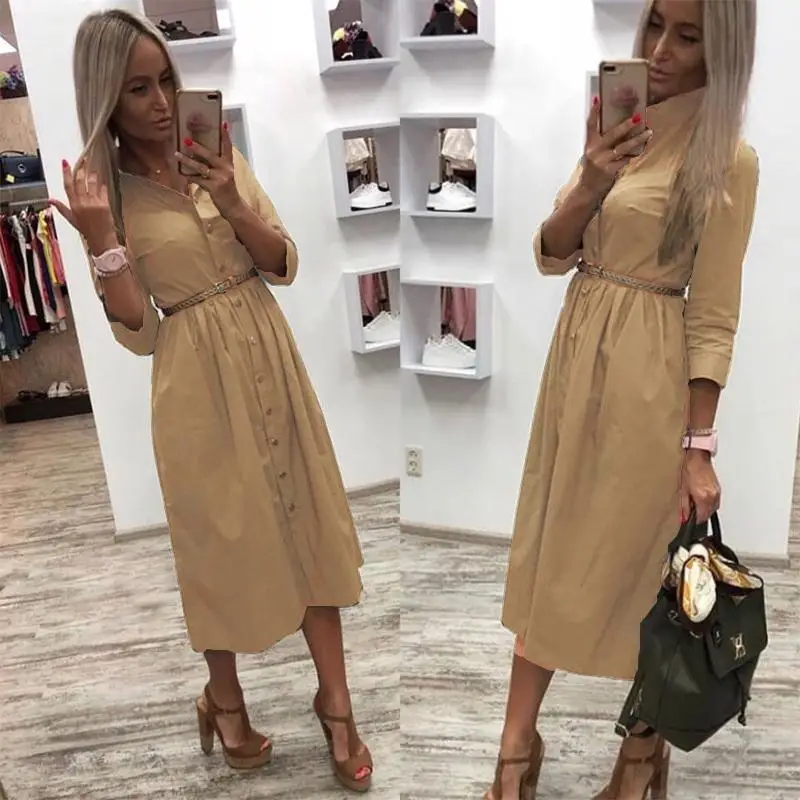 

Women Casual Sashes a Line Party Dress Ladies Button Turn Down Collar OL Style Shirt Dress 2020 Summer Solid Knee Dress